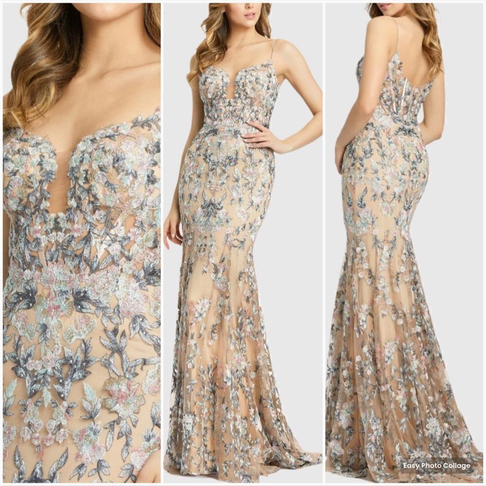 MAC DUGGAL Nude Blue Size 12 Embroidered Floral Corset Trumpet Gown Maxi Dress